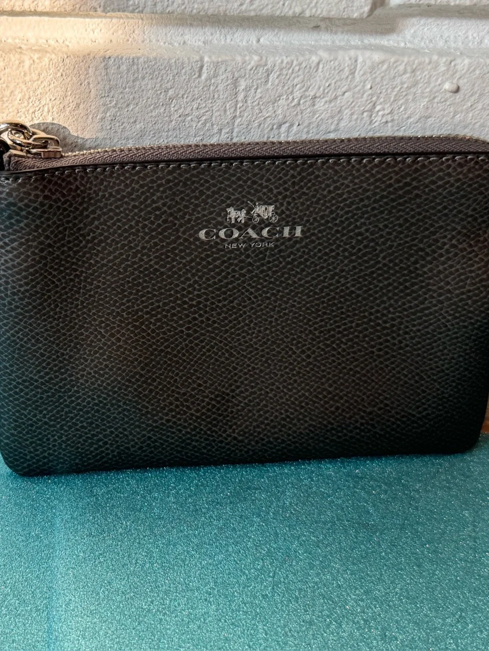 Coach Steel Gray  Pebbled Leather Wristlet with Silver Logo